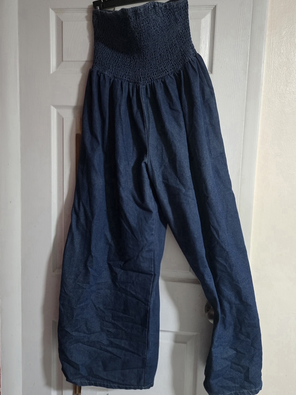 SHEIN Navy Smocked-Waist Wide Leg Pants
